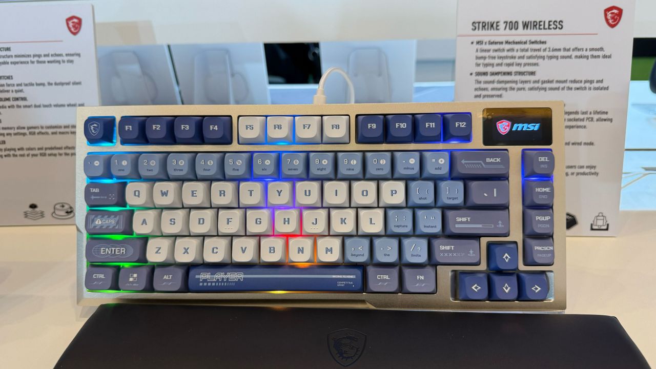 The MSI Strike 700 gaming keyboard on display at CES 2025