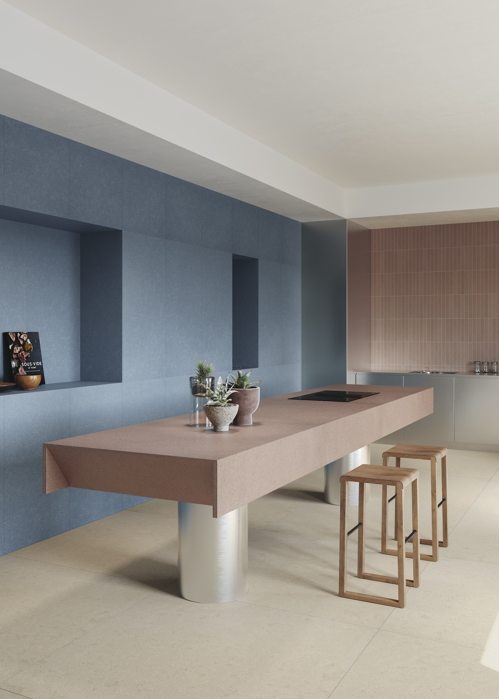 a minimalist kitchen with ceramic tiles used for the walls and modern island