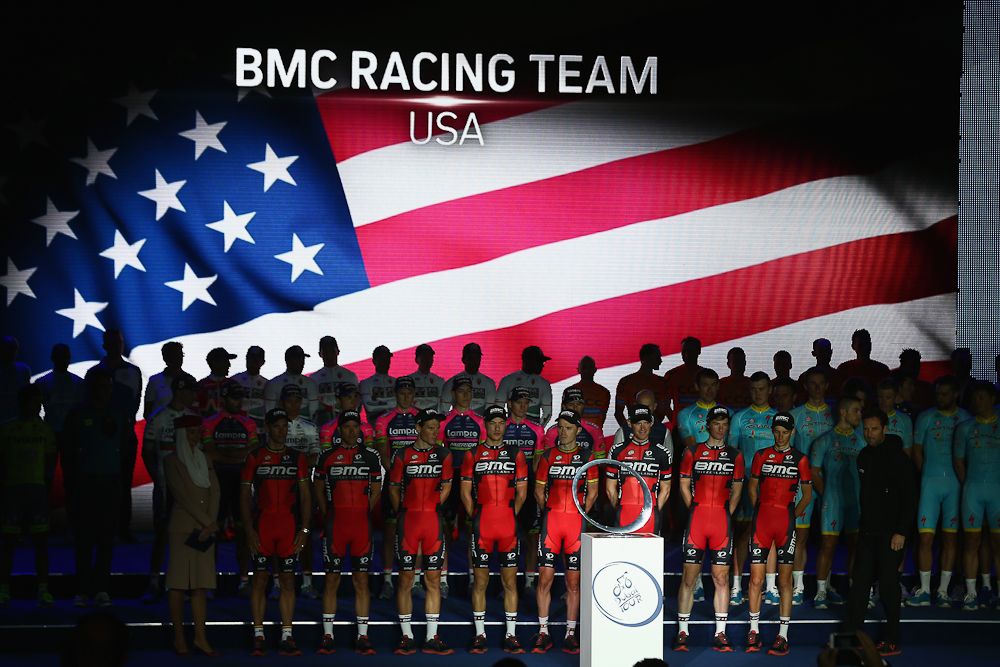 BMC Racing on stage at the Tour of Dubai presentation.