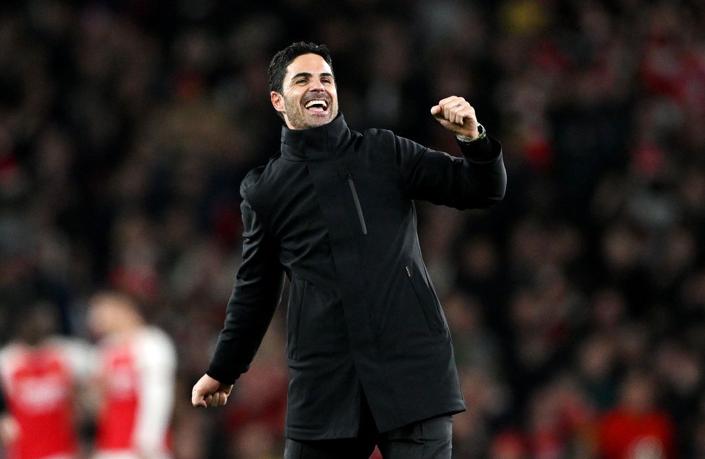 Arsenal manager Mikel Arteta celebrates after the team&#039;s victory in the Premier League match between Arsenal FC and Liverpool FC at Emirates Stadium on February 04, 2024 in London, England.