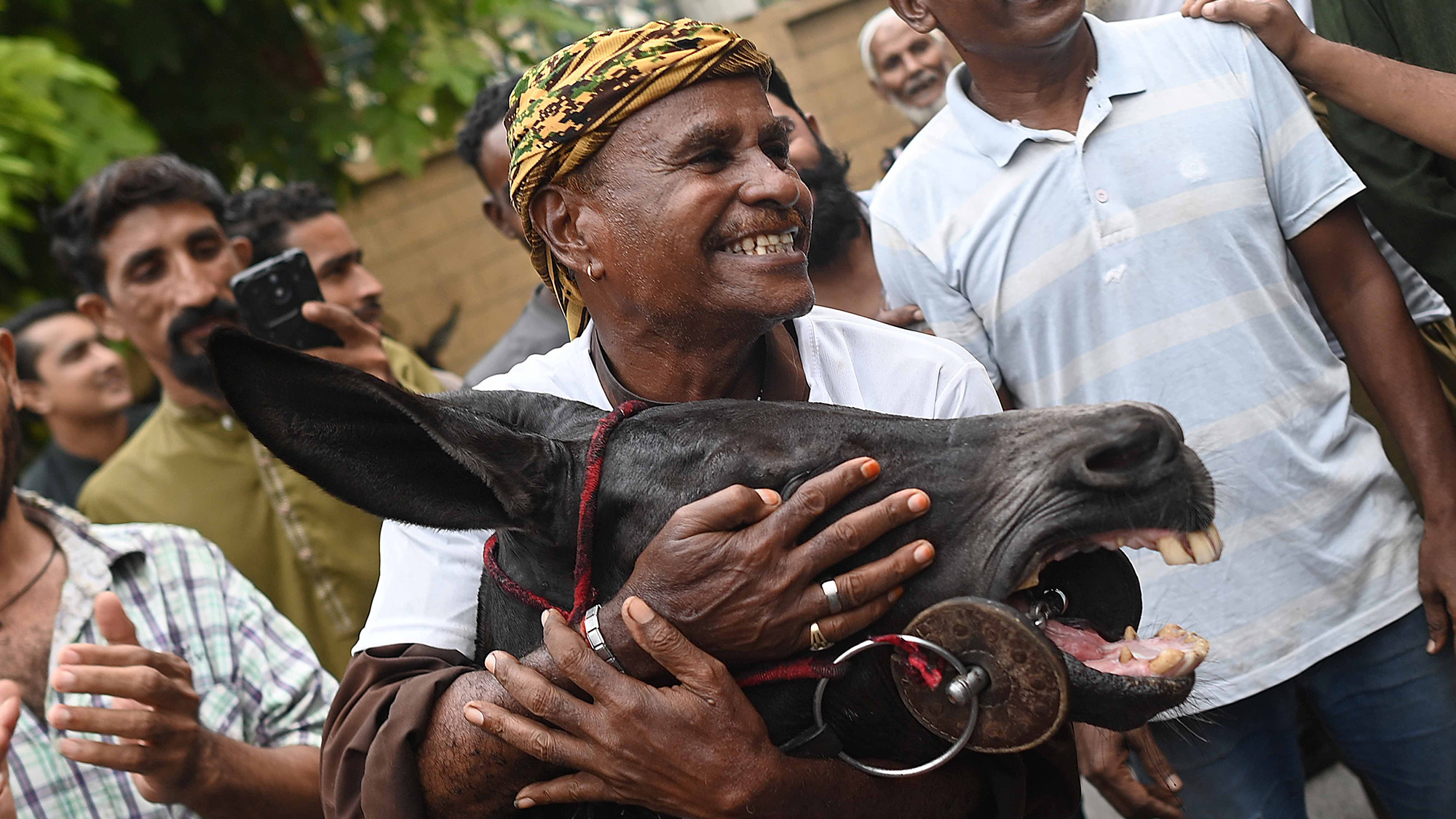 A participant celebrates with his donkey after winning the donkey cart race organized by the local authorities in Karachi, Pakistan