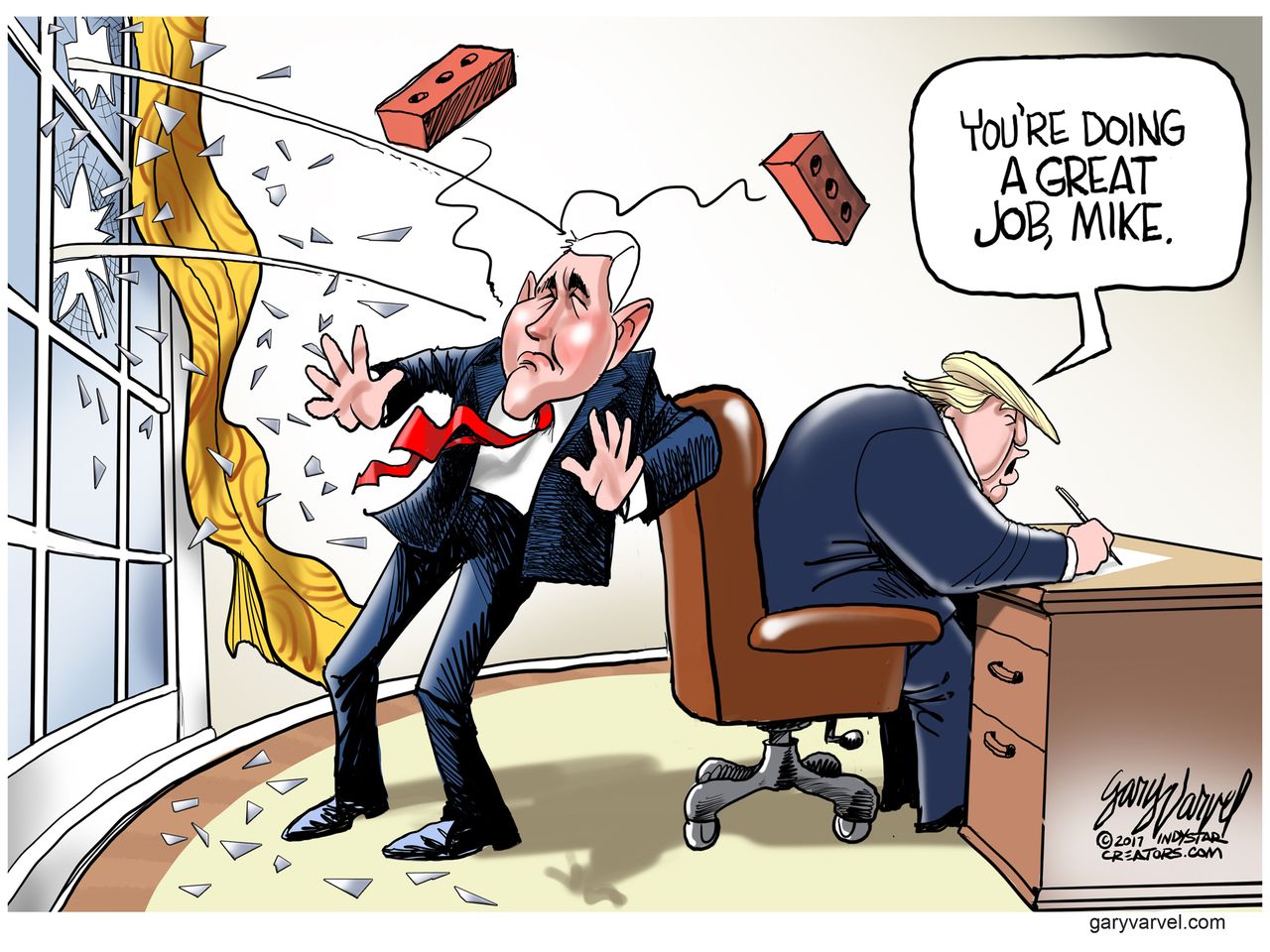 Political Cartoon U.S. Donald Trump Mike Pence oval office