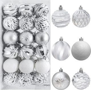 White and silver Christmas ornaments from Amazon