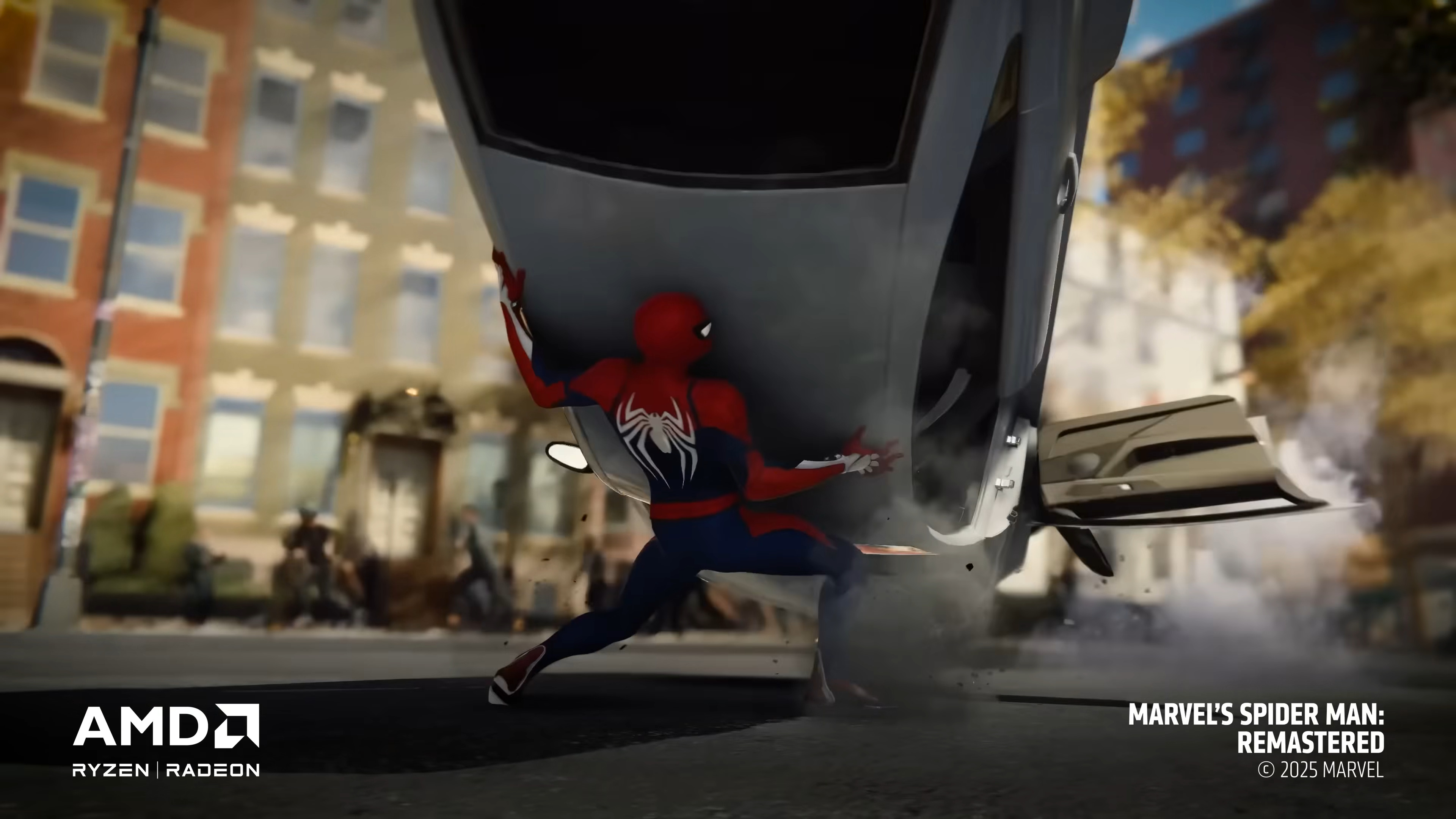 A still from a YouTube trailer for AMD&#039;s FSR 4 upscaling tech, showing Spider Man catching a car