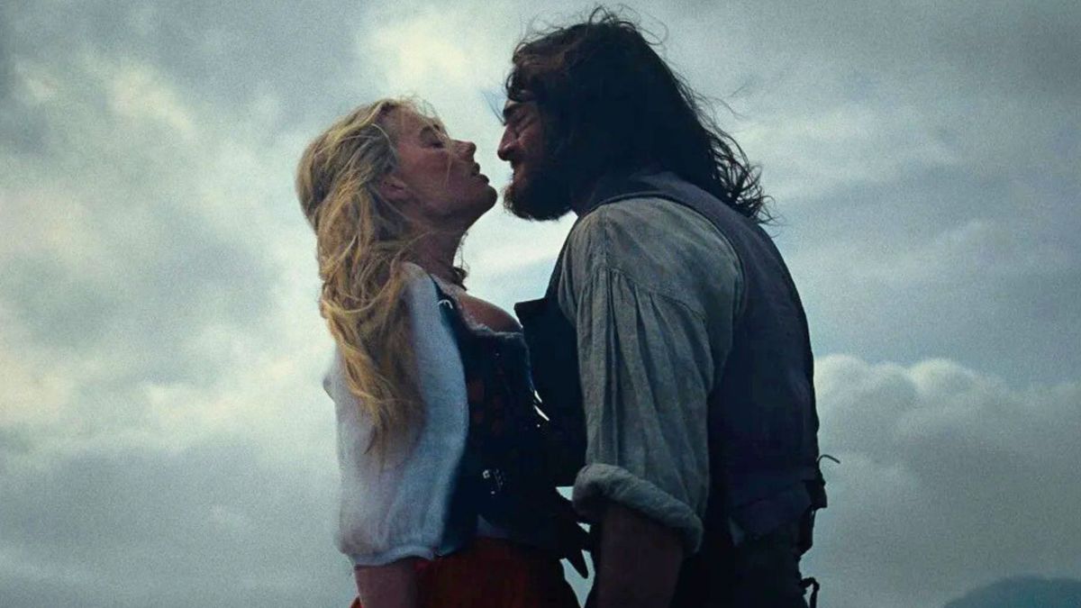 Heathcliff holds Cathy by her corset