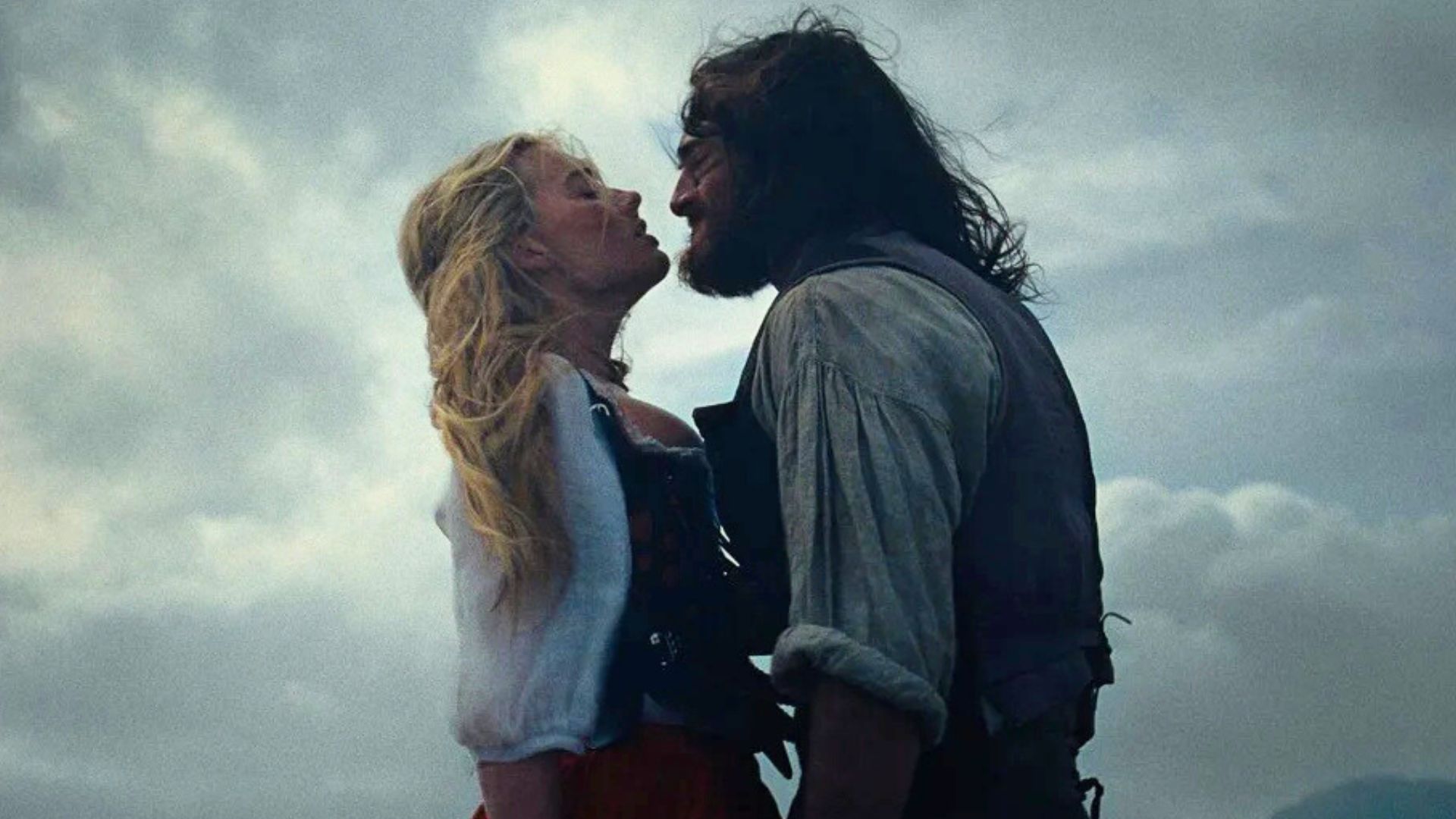 Heathcliff holds Cathy by her corset