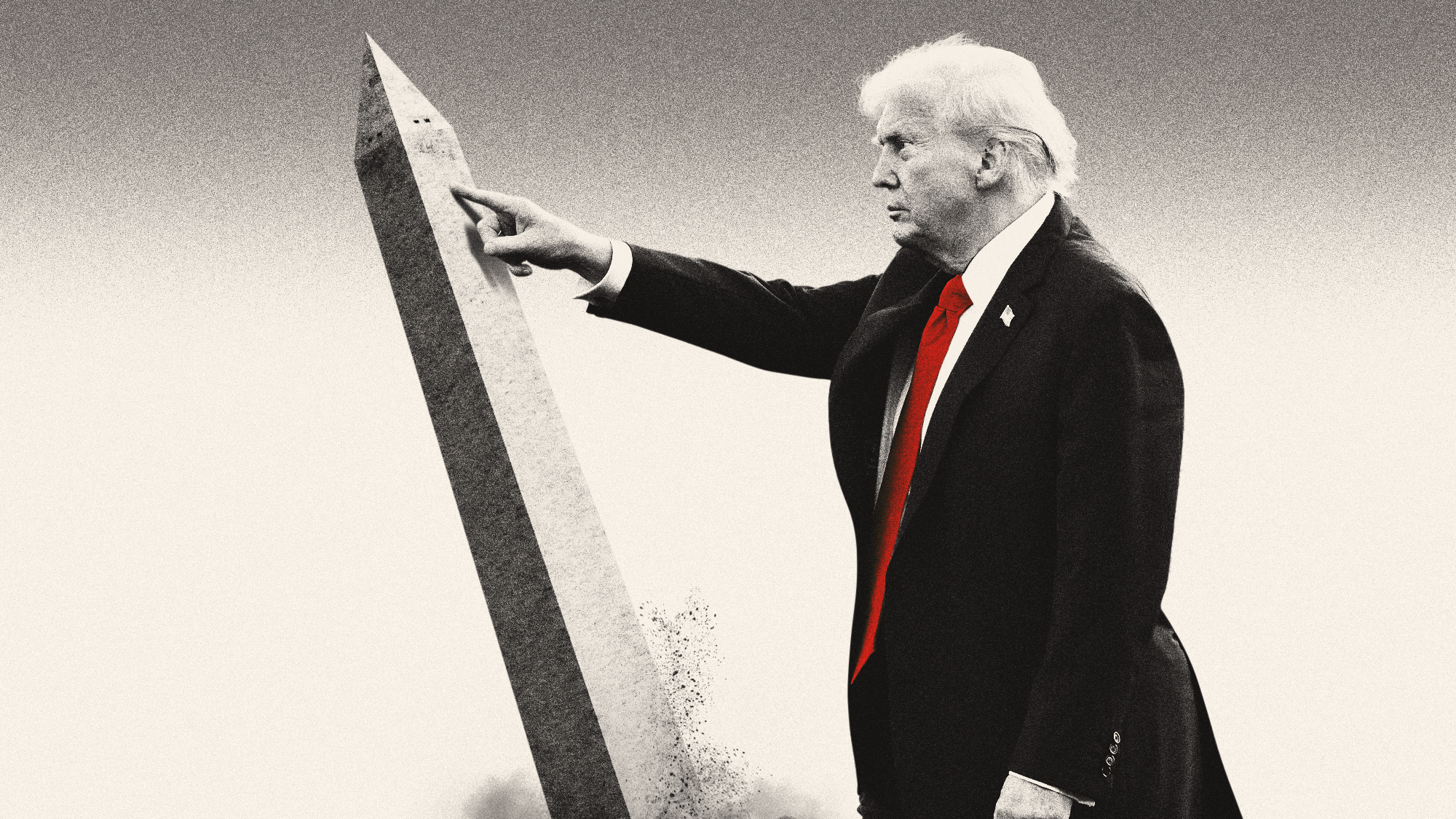 Illustration of Donald Trump pushing over the Washington Monument