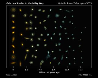 This composite image shows examples of galaxies similar to our Milky Way at various stages of construction over a time span of 11 billion years. The galaxies are arranged according to time. Those on the left reside nearby; those at far right existed when the cosmos was about 2 billion years old. The bluish glow from young stars dominates the color of the galaxies on the right. The galaxies at left are redder from the glow of older stellar populations.
