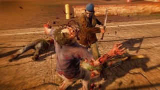 A survivor gives a zombie the ol' slice and dice in State of Decay.