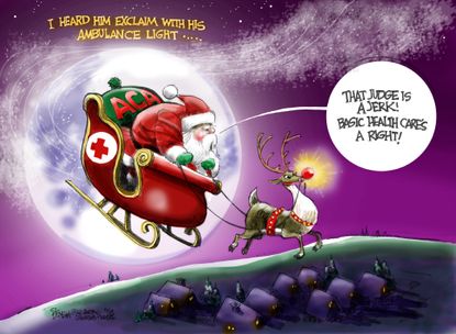 Political cartoon U.S. ObamaCare ACA unconstitutional healthcare human right Santa Rudolph ambulance