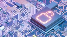 Third-party data breach concept image showing a computer chip on a circuit board with unlocked padlock symbol.