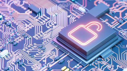 Third-party data breach concept image showing a computer chip on a circuit board with unlocked padlock symbol. 