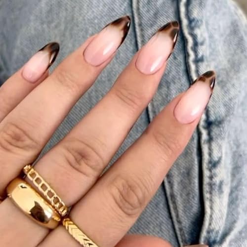 Hkanlre Leopard Print Press on Nails Nude Medium Fake French Nails Tips Full Cover Almond False Nails for Women 24pcs