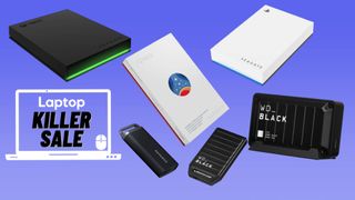 Samsung, seagate, and WD Black external game drives ps5 xbox pc against a blue background