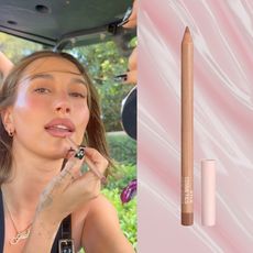 a white woman applying pink lip liner next to a pink texture and a pink lip liner pencil