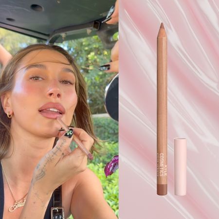 a white woman applying pink lip liner next to a pink texture and a pink lip liner pencil