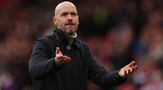 Erik ten Hag gestures during Manchester United's win at home to Leicester in February 2023.