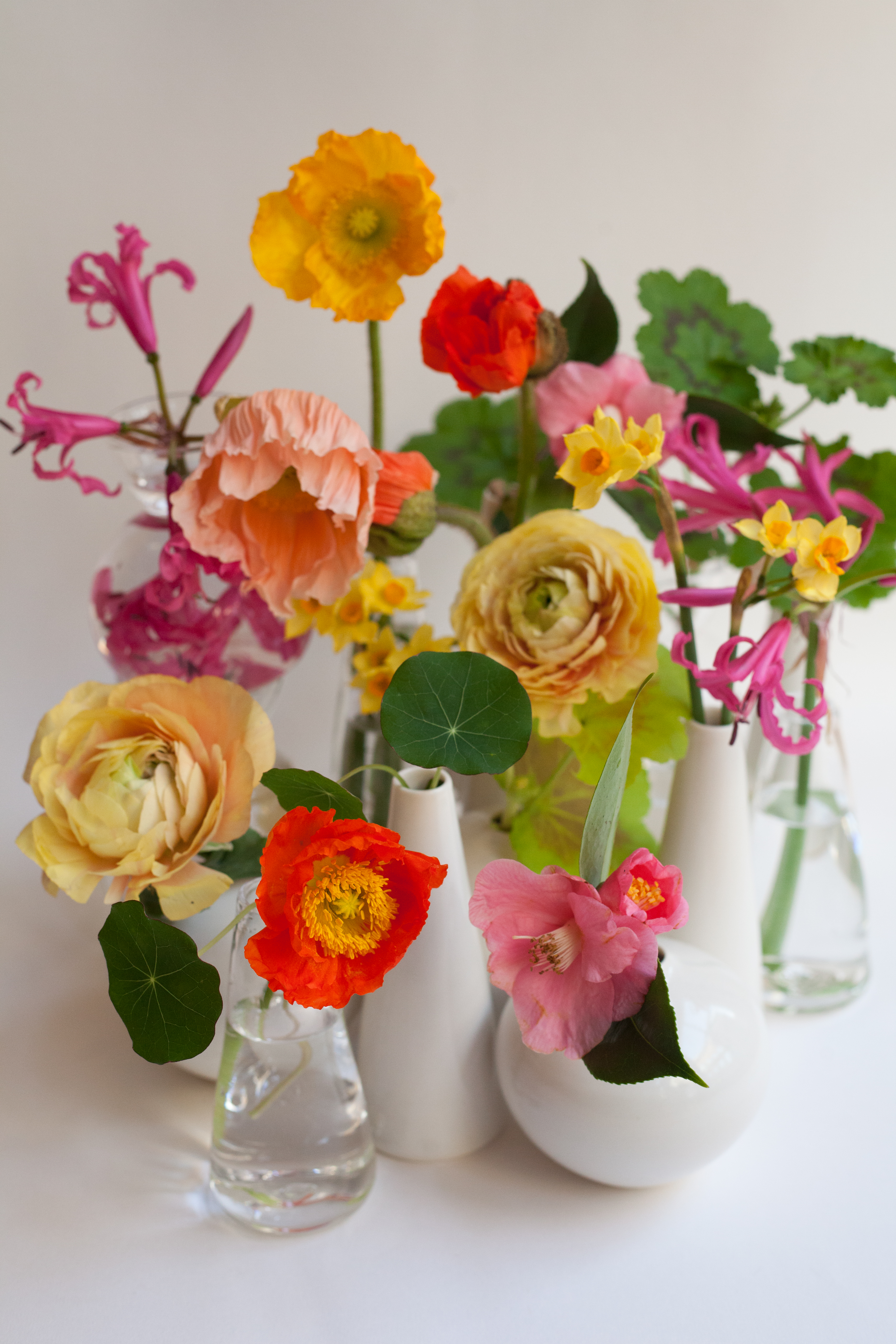 Bud vases full of colourful flowers