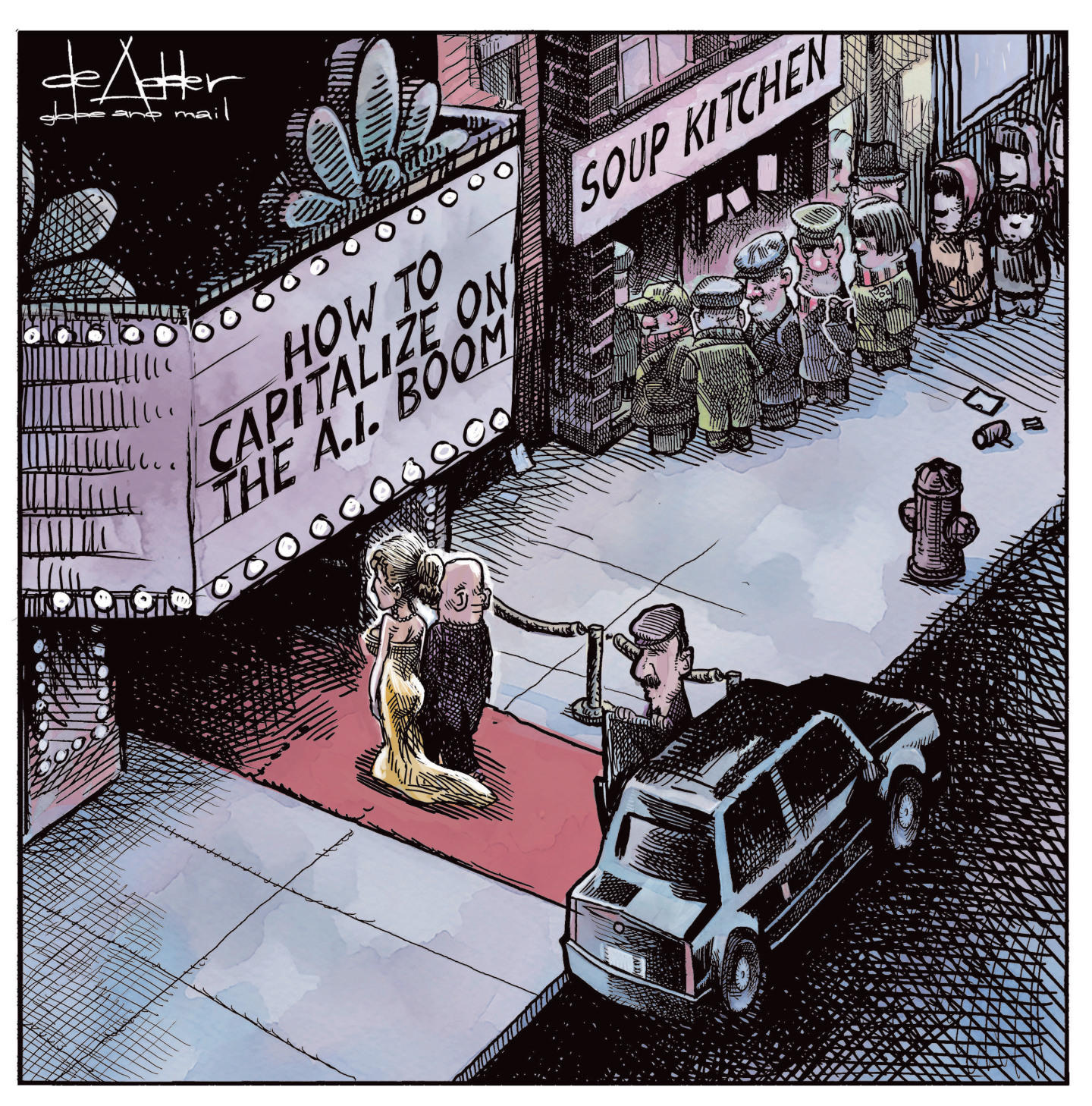 A man and woman in fancy clothes get out of their limousine and walk the red carpet into a movie theater showing a film titled, &amp;ldquo;How to capitalize on the A.I. Boom&amp;rdquo;. Meanwhile, a long line of people are next door waiting to get food from the soup kitchen.