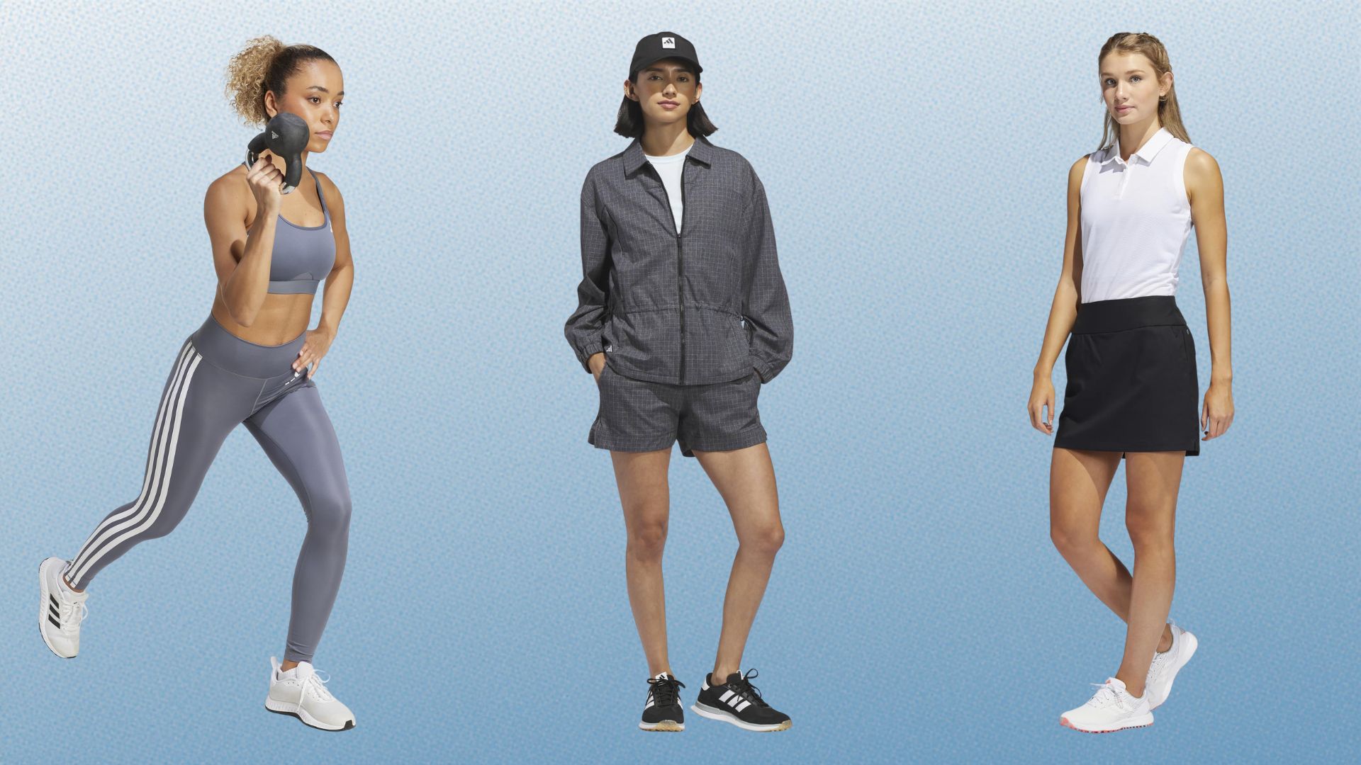 Three woman wearing adidas clothing against a blue ombre background