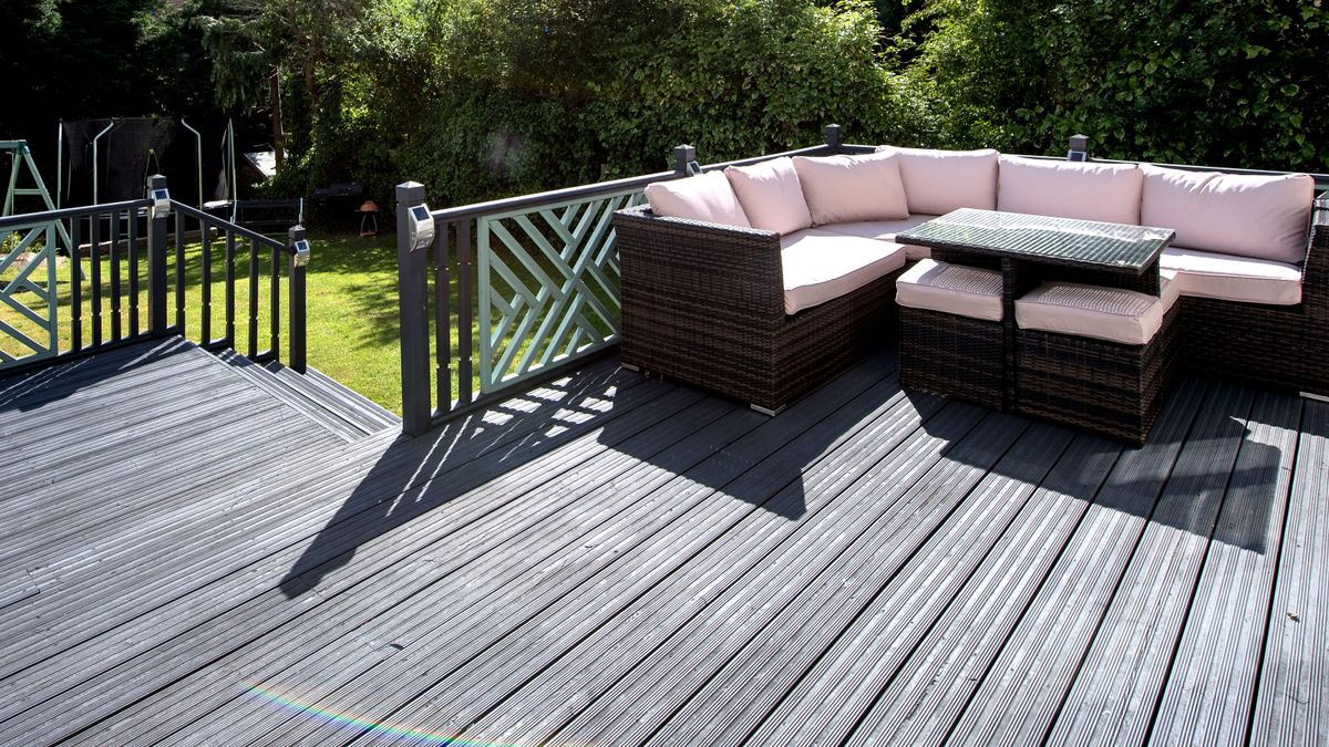 Two tier grey decking area in back garden