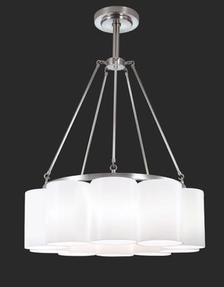 Light fitting consisting of multiple white cylinders hanging from a silver ring
