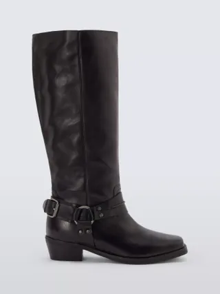 And/or Leather Theodore Leather Mid Calf Biker Boots, Black