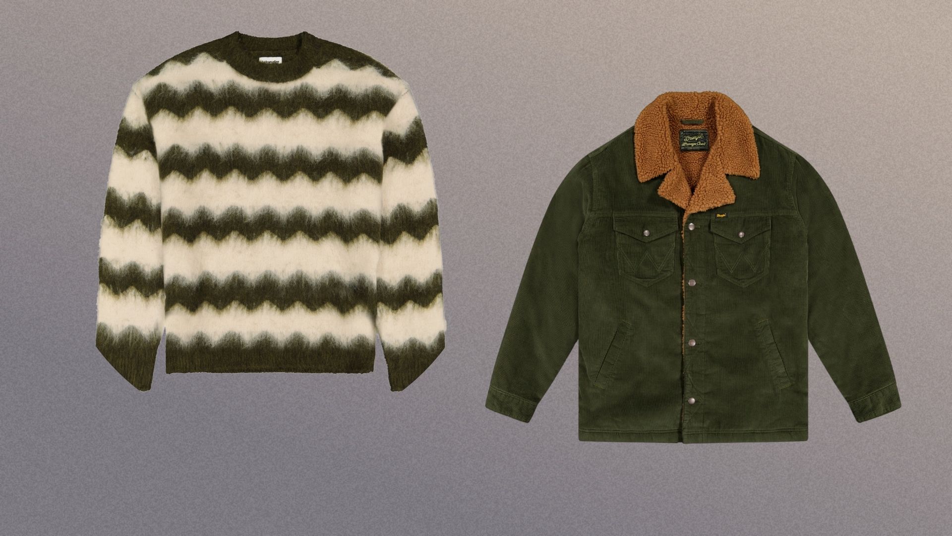 Wrangler jumper on the left in green and cream and then a thick winter coat on the right