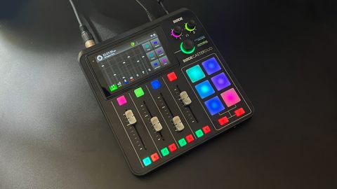 RODECaster Duo wide shot on a black desk