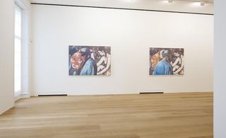 Art exhibition space with white walls, displaying two paintings by Belgian visual artist, Luc Taymans