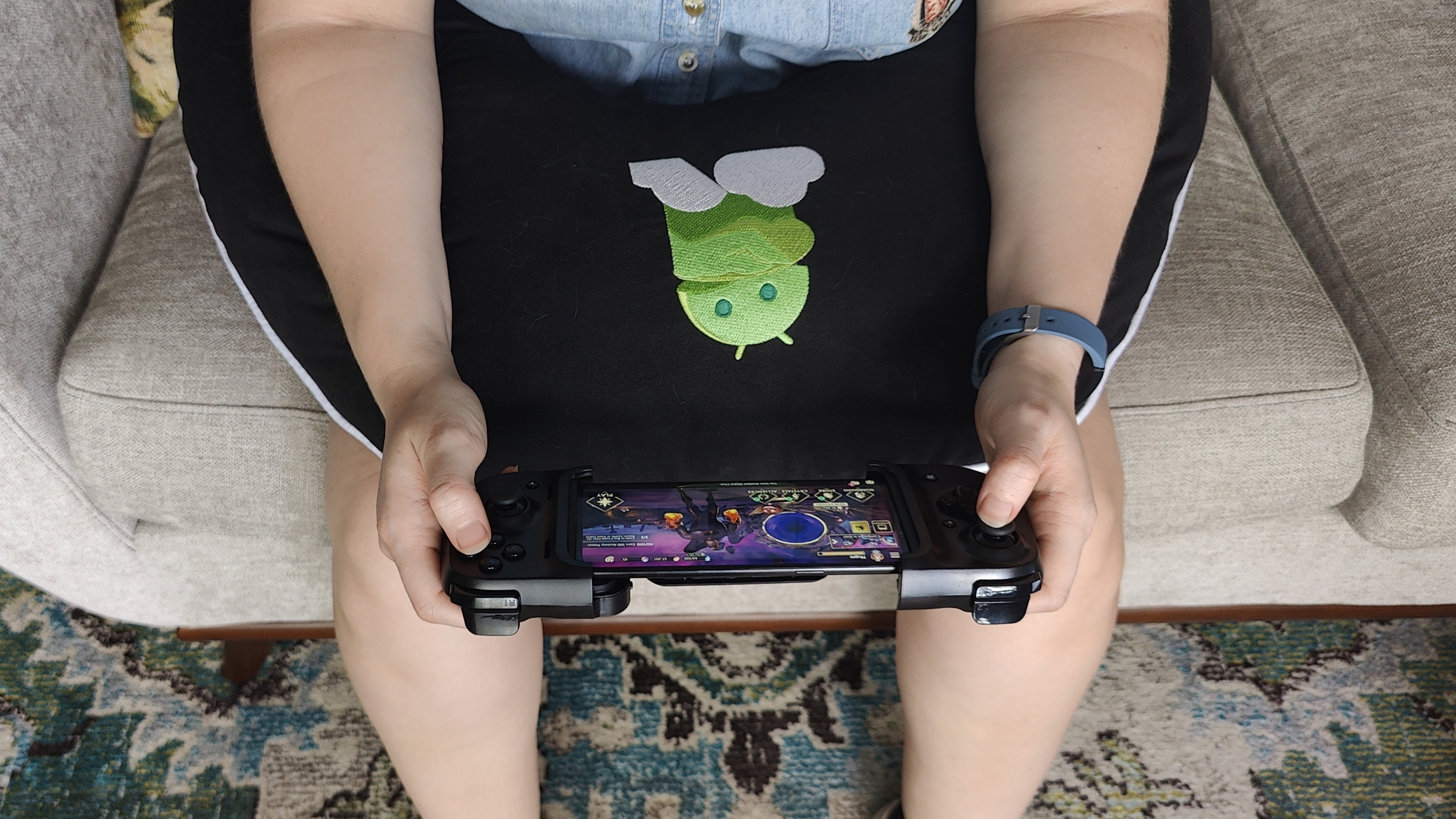 A top down view of the Valari Gaming Pillow being used by a mobile gamer
