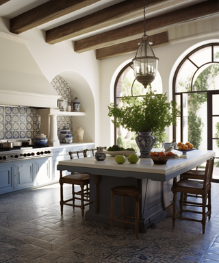 european kitchen with wooden beams, delft tile and island