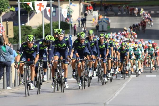 Movistar riders pacing the peloton