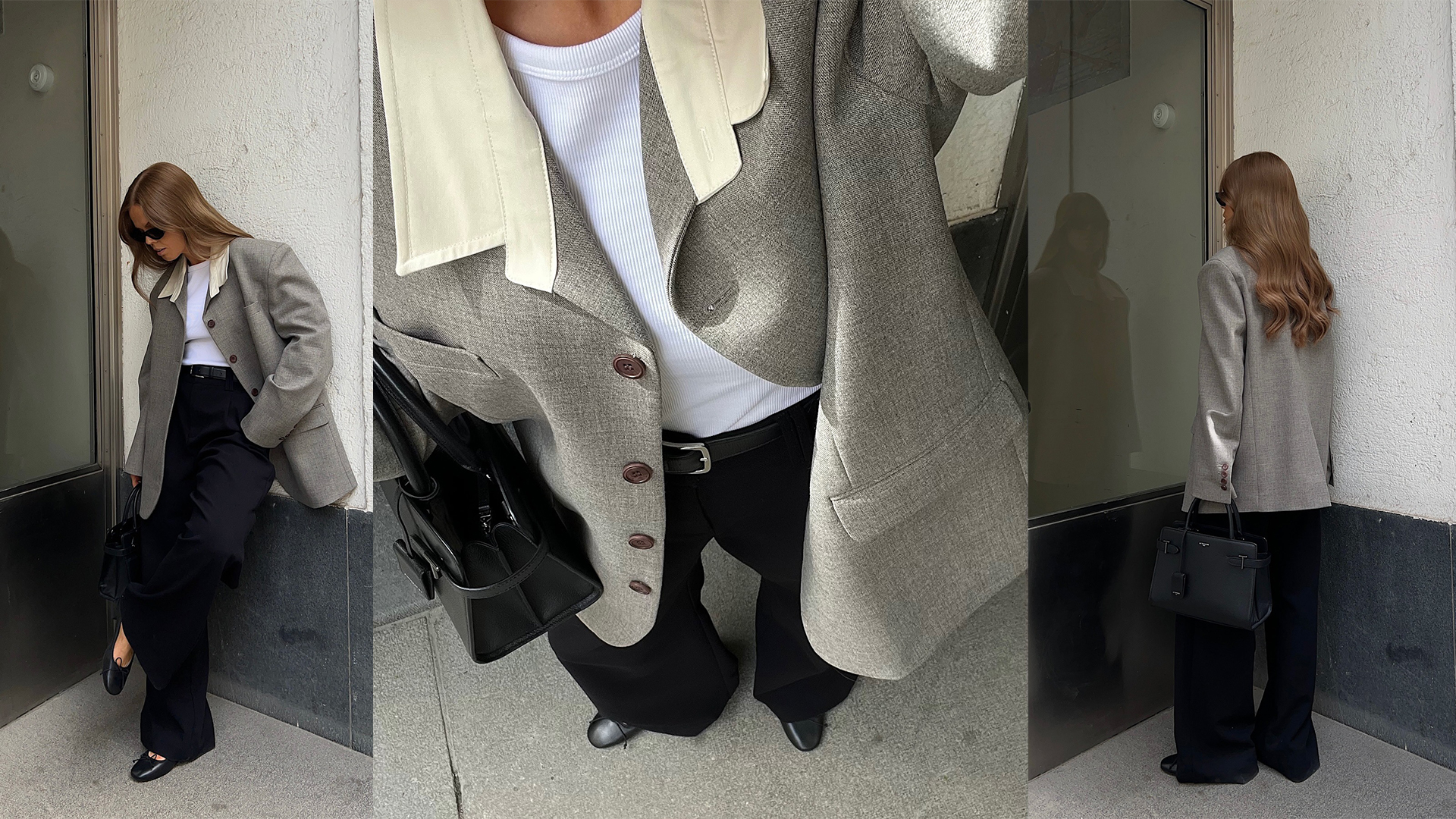 Hanna wears black trousers, white shirt, and aa gray blazer with black shoes and black sunglasses