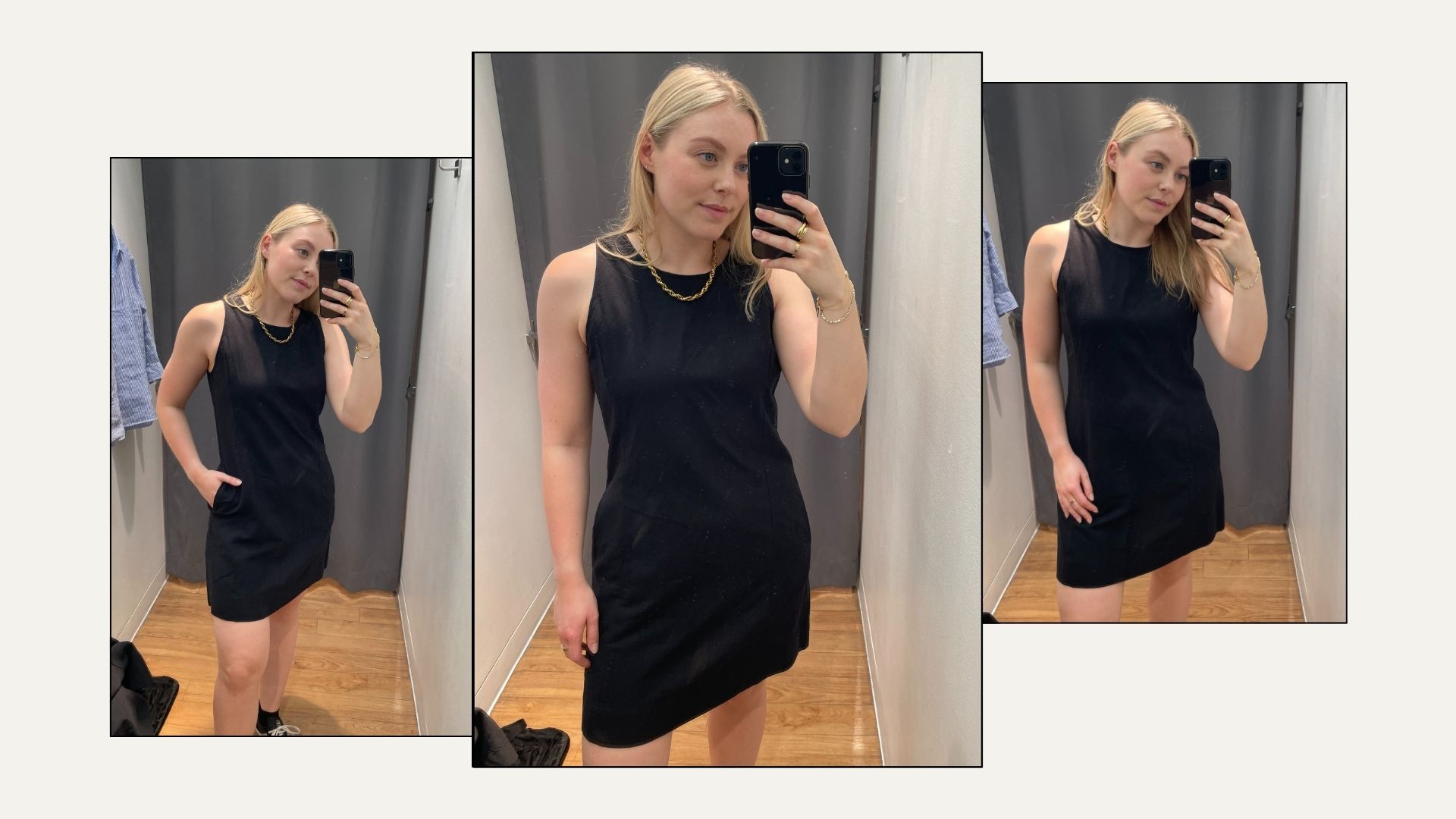 Woman wears black linen blend mini dress