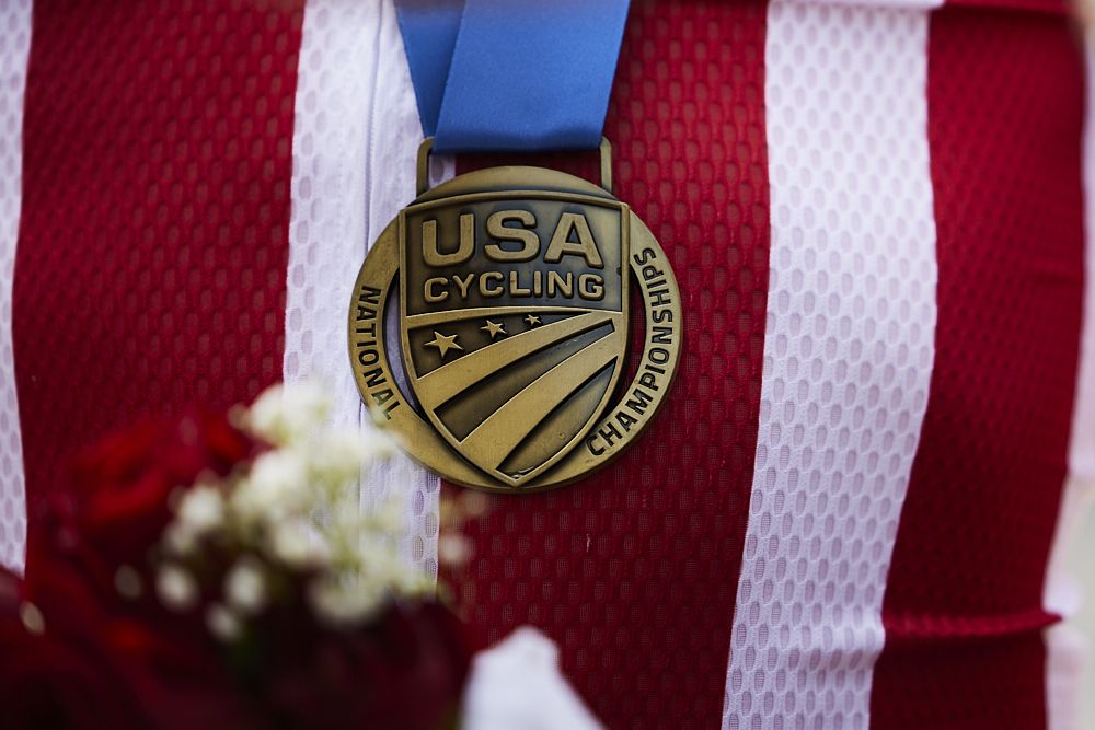 Joey Rosskopf (Rally Cycling) wears the gold medal at the elite men's road race at the USA Cycling Pro Road Championships 2021