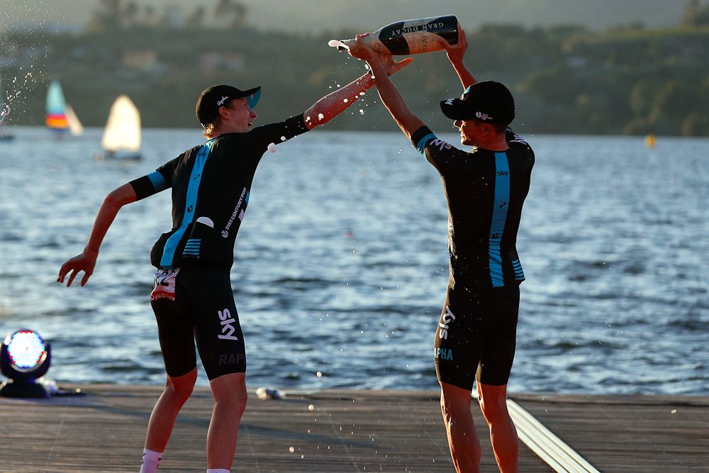 Team Sky riders celebrate winning stage 1