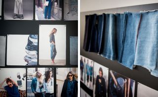 Left, a black wall with photos of female models pinned to it. Right, a black wall with pieces of denim and photos of female models pinned to it.