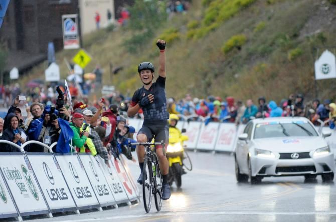 Robin Carpenter celebrates his win at Crested Butte during stage 2 of the 2014 USA Pro Challenge.