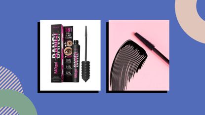 Benefit badgal bang! mascara in the tube and a swatch of the formula on a blue backgrounde
