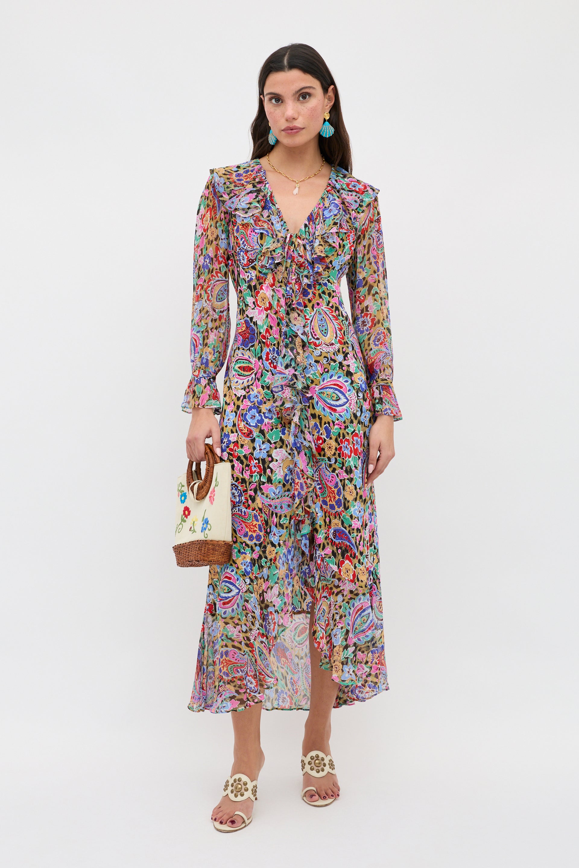 Grayce Silk Dress in Multi Cara Floral Leopard Brown