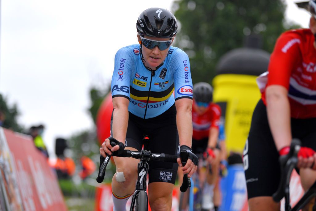 GERAARDSBERGEN BELGIUM JUNE 25 Jolien Dhoore of Belgium and Belgium National Team at arrival during the 9th Lotto Belgium Tour 2021 Stage 3 a 1011km stage from Geraardsbergen to Geraardsbergen 101m LottoBelgTour LottoBelgiumTour on June 25 2021 in Geraardsbergen Belgium Photo by Luc ClaessenGetty Images
