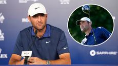 Scottie Scheffler speaking at a press conference and an inset photo of him hitting a drive