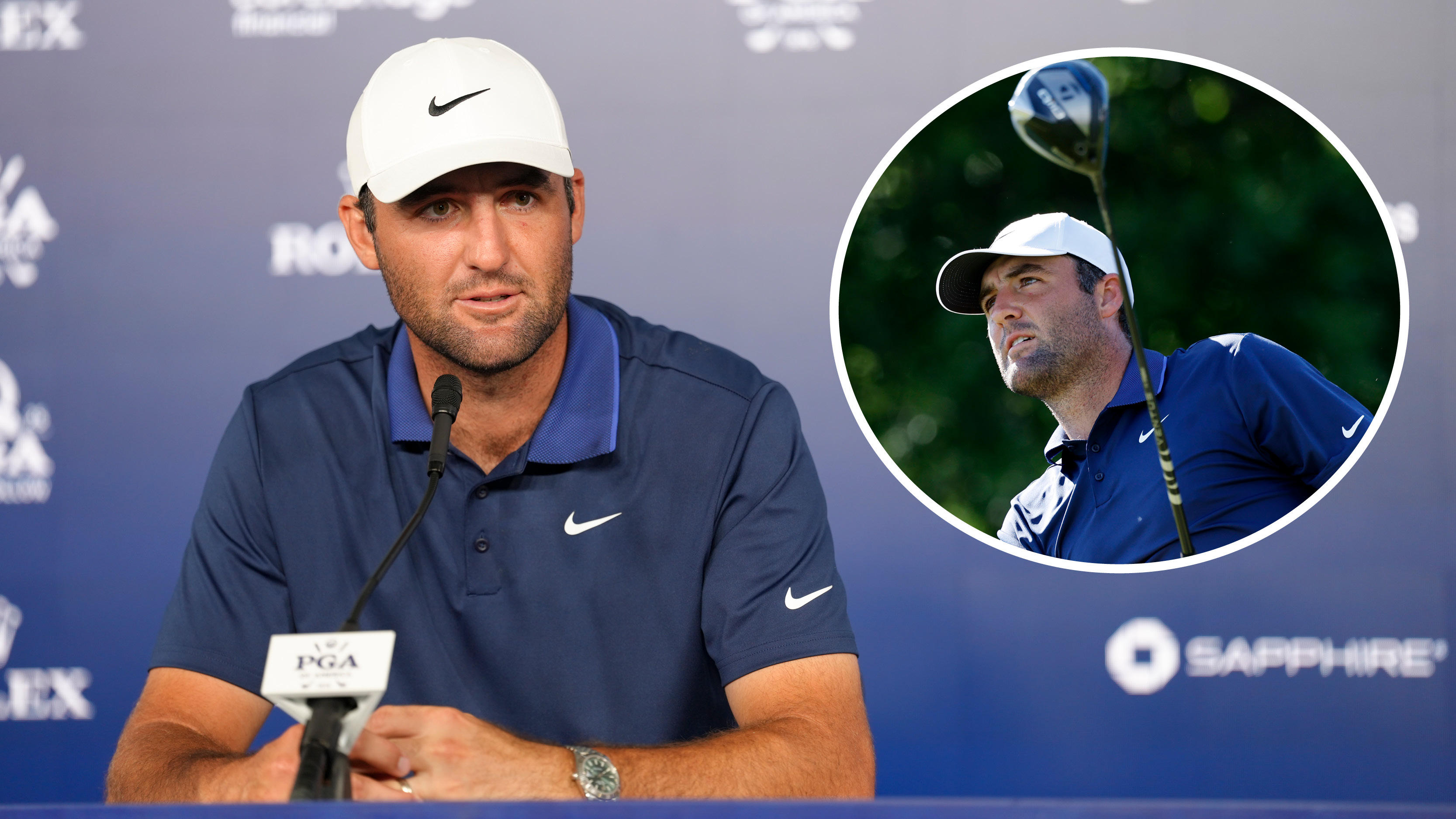 Scottie Scheffler speaking at a press conference and an inset photo of him hitting a drive