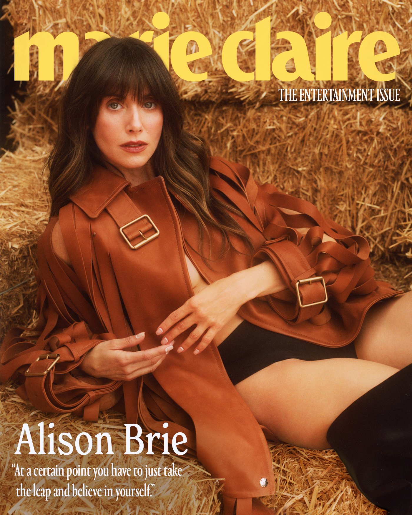 Alison Brie on the cover of Marie Claire wearing a russet jacket and black underwear