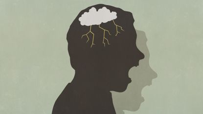 angry silhouette illustration, with storm cloud over brain