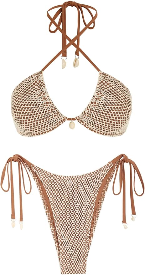 seamoly, Seamoly Womens Bikini Sets Halter Fishnet Shell Two Piece Swimsuits Spaghetti Strap Sexy High Leg Triangle Bathing Suit Coffee L