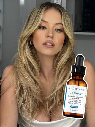 Sydney Sweeney and a bottle of CE Ferulic from SkinCeuticals.