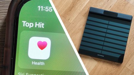 The Apple Health app on an iPhone next to a Withings BodyScan 2 smart scale.
