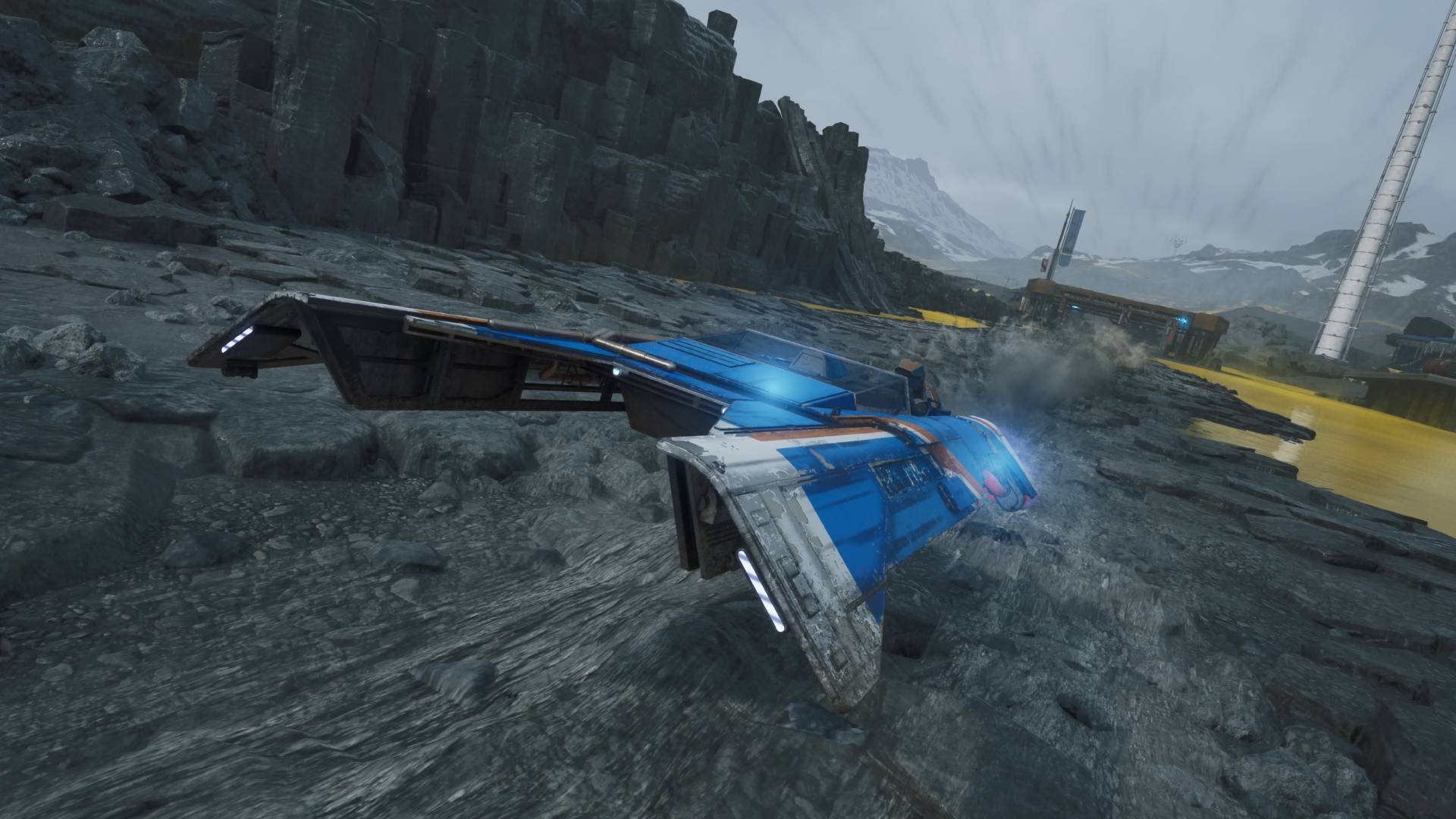 Star Wars Galactic Racer landspeeder driving past acid puddles on Sentinel I